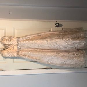 Tan dress, silver and gold design, rainbow jewels